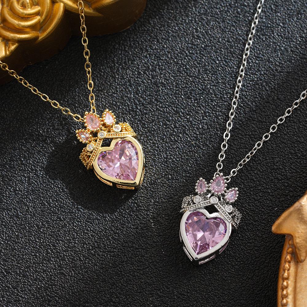 Pink Crown Heart Necklace: Titanium Steel Clavicle Chain with Light Luxury & Niche Design, Versatile Accessory
