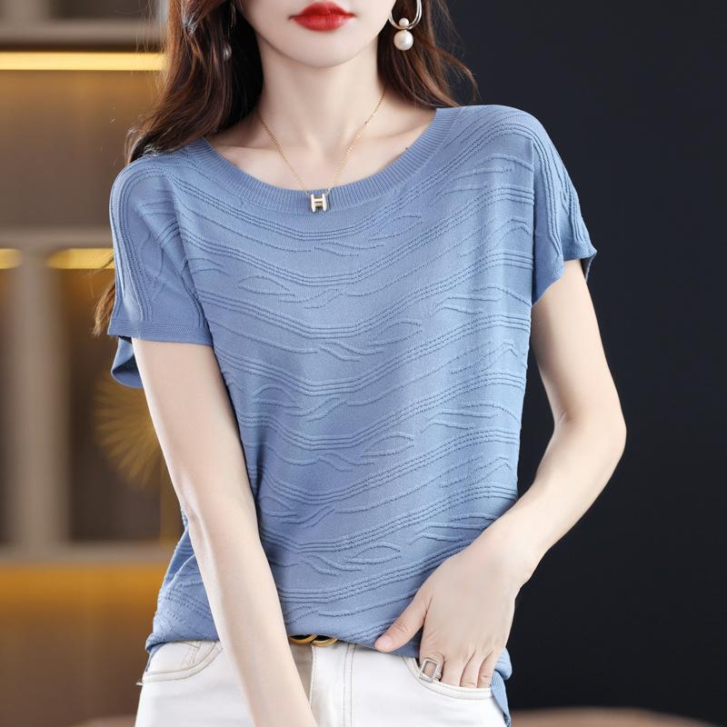 IHUASU Women's Short-sleeved O-neck T-shirt Loose Temperament Commuting Bottoming Spring and Summer Ice Silk Tops