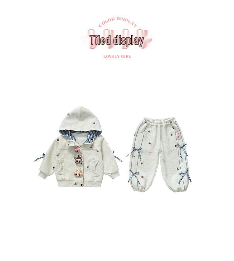 Girls' Korean-Style Cartoon Jacket Set: Trendy Long-Sleeve Sportswear with Bow for Spring & Autumn