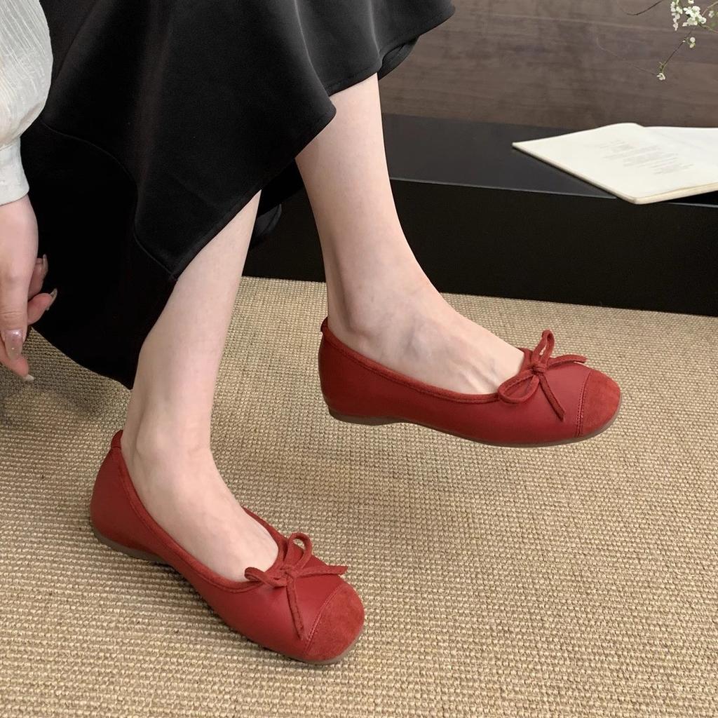 Inner height increase red single shoes women's spring new shallow mouth ladyshoes gentle retro casual thick sole one pedal Doudou shoes