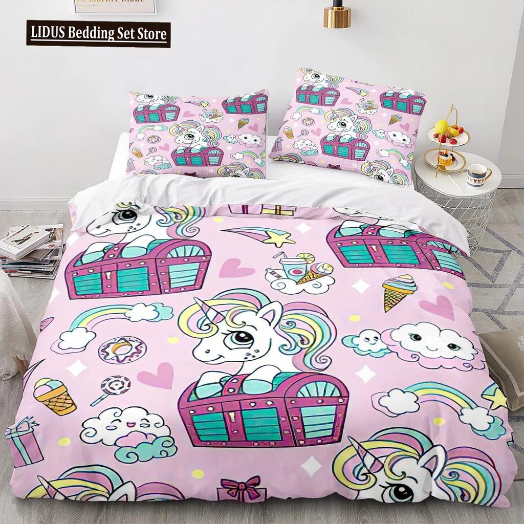 Cartoon Unicorn Duvet Cover King Queen Lovely White Mythical Animal Bedding Set Kids Girl Colorful Rainbow Polyester Quilt Cover