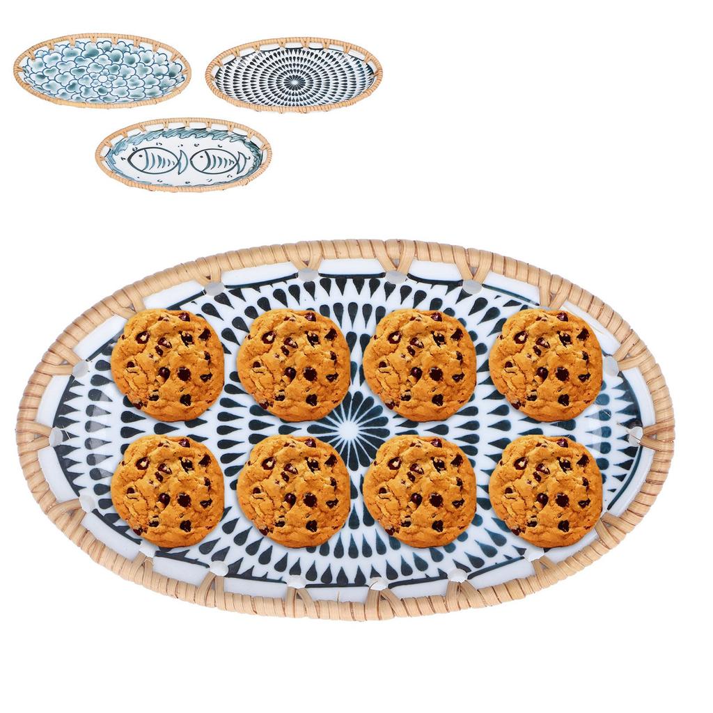 Woven Rattan Ceramic Plate Oval Woven Rattan Porcelain Fruit Plate for Wedding Party Banquet Birthday Woven Rattan Ceramic Plate