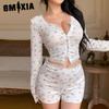 GMXIA Sexy Pajamas Lace Lace Tight Floral Long-sleeved Cardigan Waistless Shorts Loungewear Women's Suit