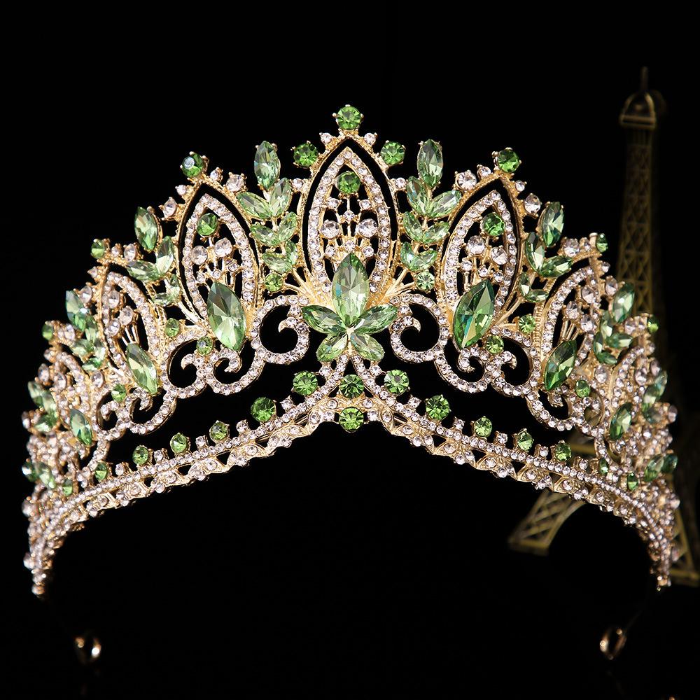 DIEZI Baroque Green Blue Pink Opal Crystal Tiara Crown Women Girls Wedding Party Elegant Luxury Rhinestone Crown Hair Jewelry
