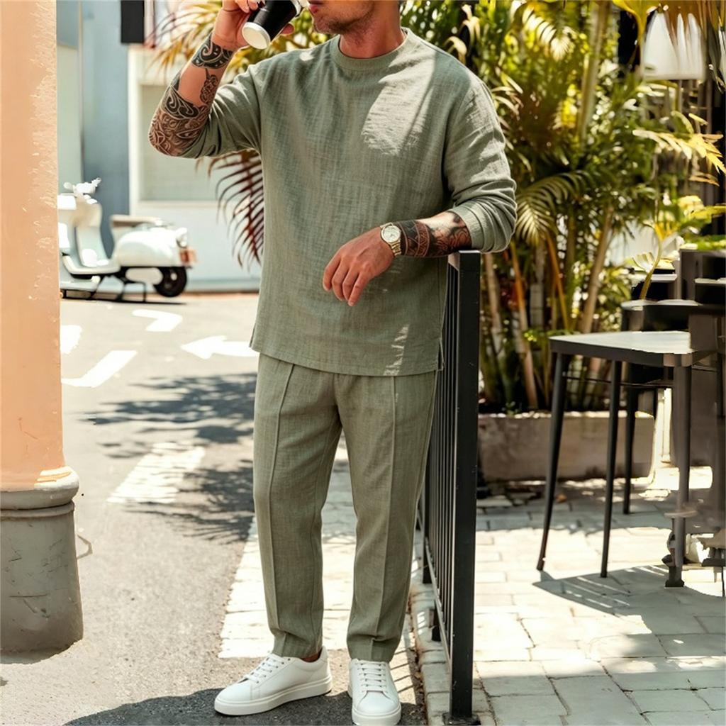 Men's Casual Cotton Linen Long Sleeve Shirt and Drawstring Pants Set - Lightweight Breathable Vintage Outfit