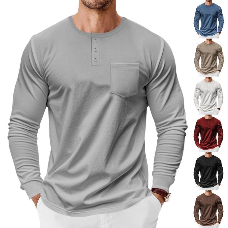 Mens Long Sleeve Henley Shirt Loose Fit Pocket Tee For Spring Autumn