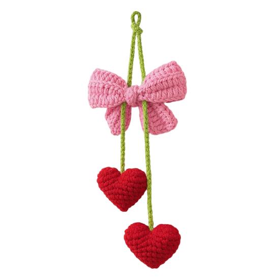 Rearview Mirror Charm Crochet Heart Car Hanging Decor, Knitted Bowknot Love for SUV Pendant Mirror, Cute Accessory Bag Purse, Valentine's Day Gift Her