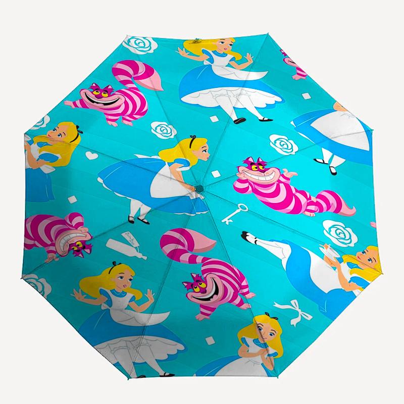 Alice,Wonderland,Cheshire Cat Theme Automatic Compact Folding Cute Umbrella - Portable and Durable, 8-Bone Iron Umbrella for All Weather0707
