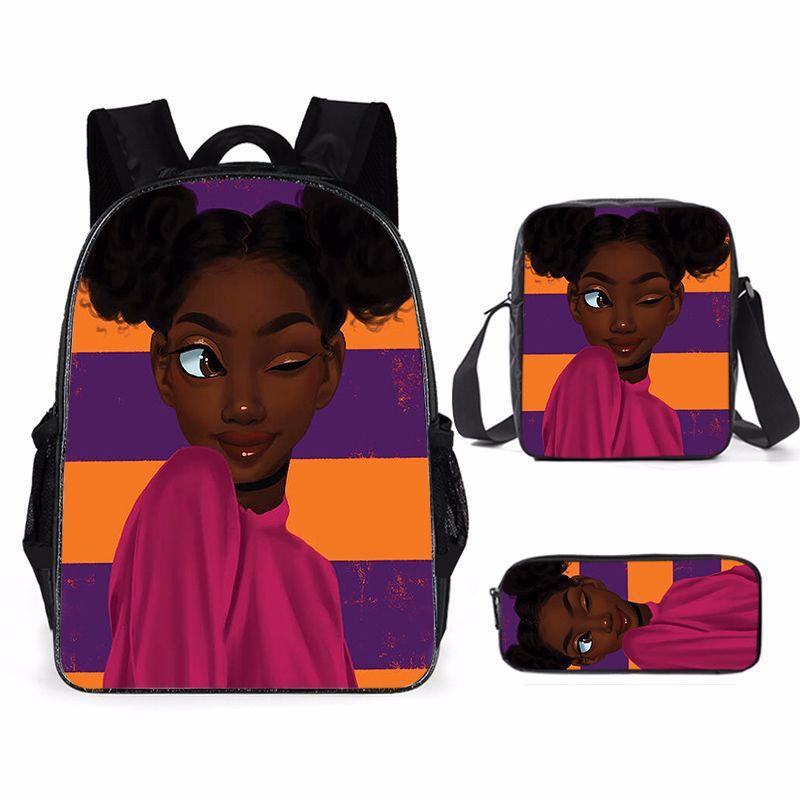 Cartoon African Girl Schoolbag, Primary And Secondary School Backpack, Backpack Three-Piece Set