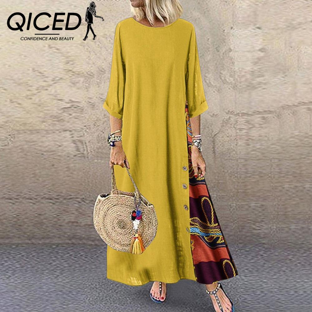 QICED 12 color Women Fashion Casual Loose Long Sleeve Floral Print Party Maxi Dress Plus Size Vestidos Longos Robe