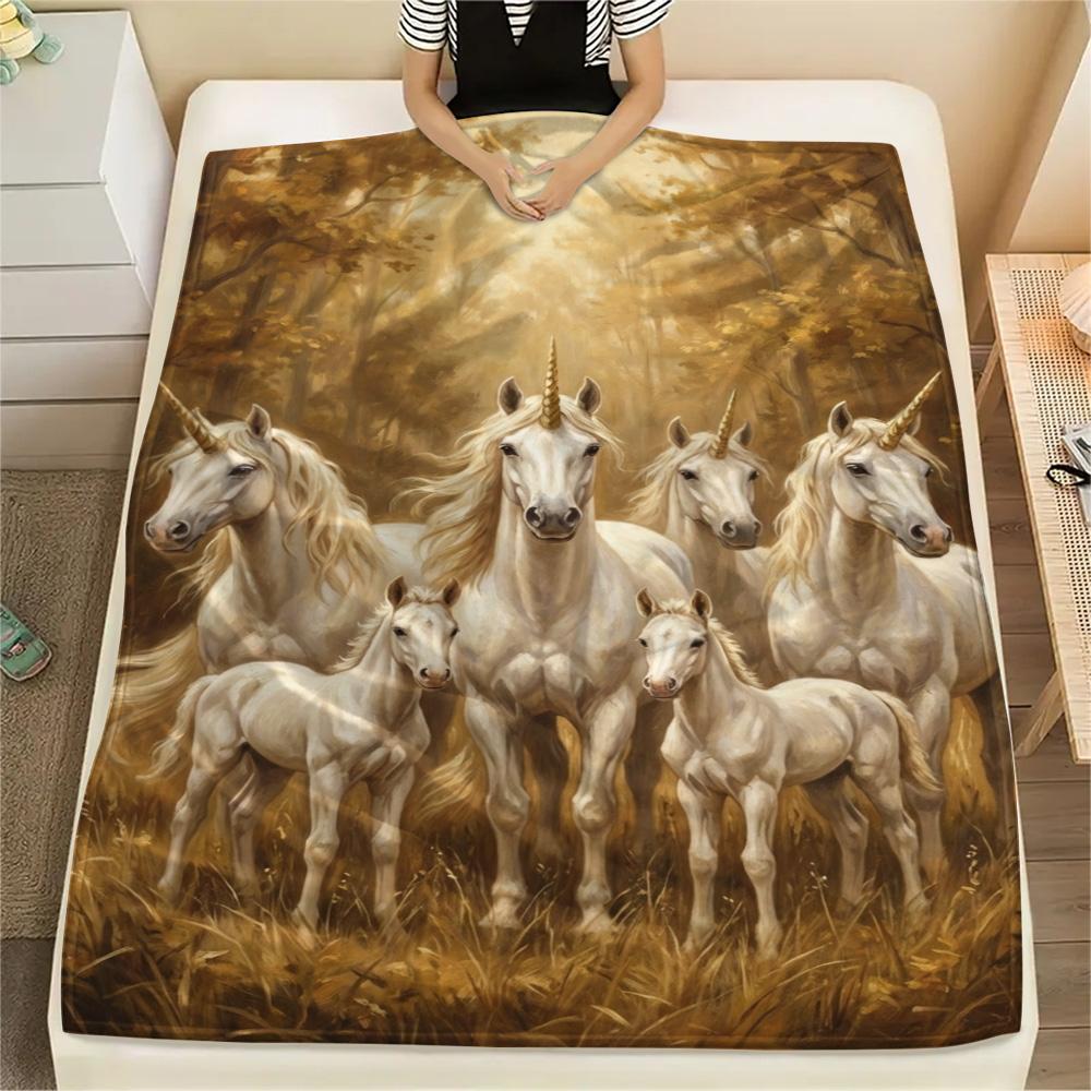 1PC Cute unicorn Print FlAannel Blanket, High quality Comfortable for All Seasons, Home Decor, Warmth and Comfort