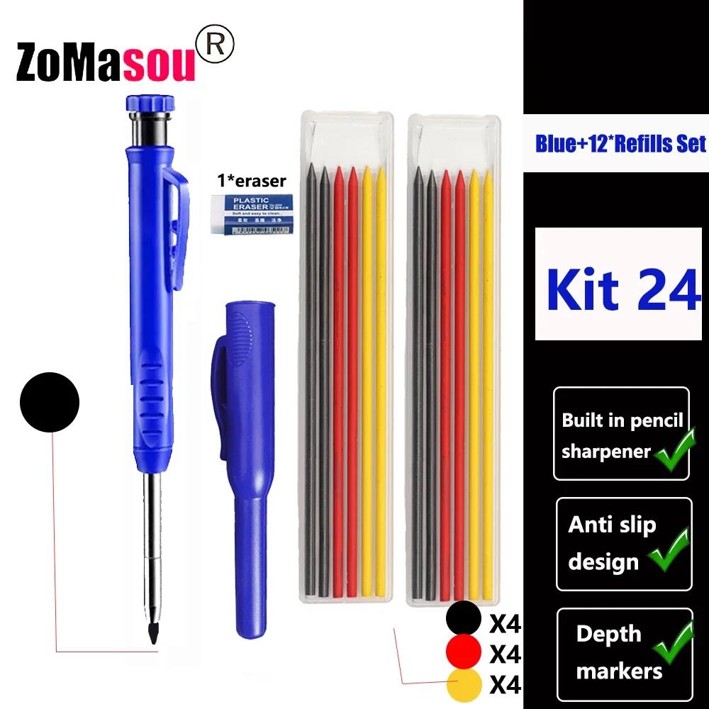 Reuseable Long Head Deep Hole Markers Pen Pencils Solid Carpenter Refill Leads Built-in Sharpener Woodwork Construction Tools