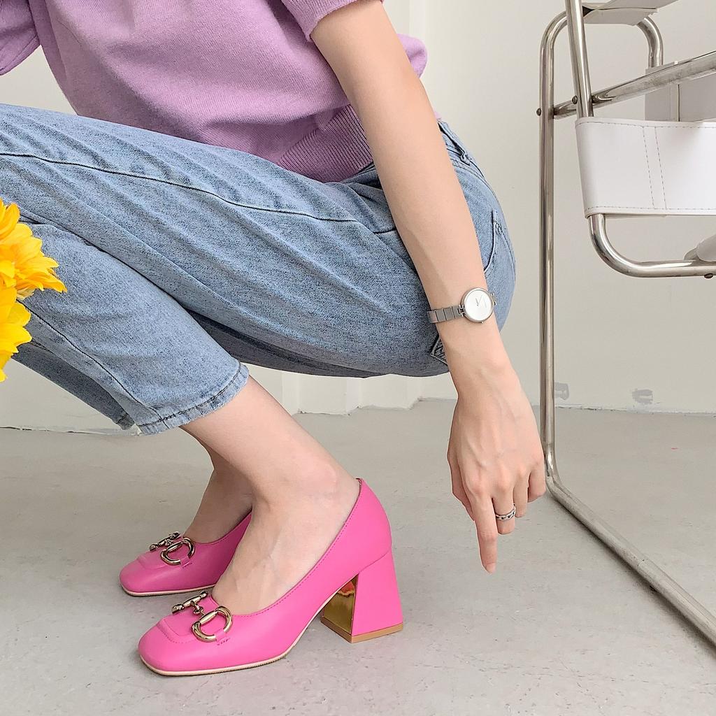 Baotou sandals women's summer middle heel thick heel high heels Mary Jane square head horse buckle single shoes