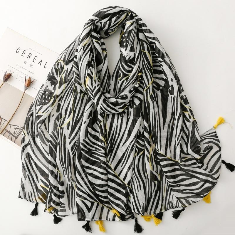

Women Scarf Zebra-Stripe Summer Beach Shawl Bohemia Cotton Linen Feeling Tassel Pashmina Muslim Hijab Wrap Viscose Scarf Luxury 88x180cm