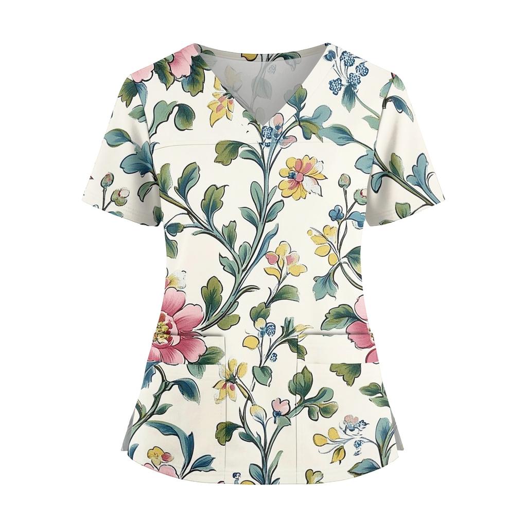 Medizinisches Kasack-Oberteil mit Blumendruck, V-Ausschnitt, Taschen und Seitenschlitzen, Kurzarm, Krankenschwester-Uniformhemd für Damen