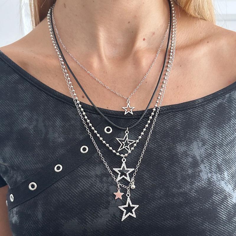 Fashion Metal Star Pendant Necklace For Women Punk Hip Hop Silver Color Multi Layered Pentagram Tassel Necklace Y2K Jewelry Gift