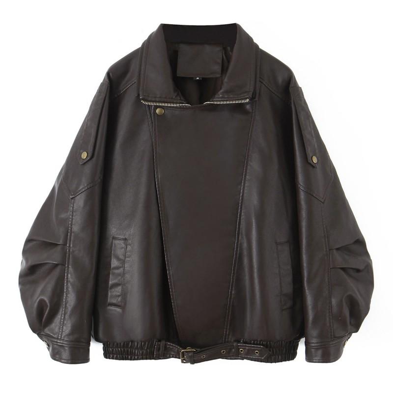 Womens Oversized PU Leather Jacket With Double Layer Collar Vintage Style 2026
