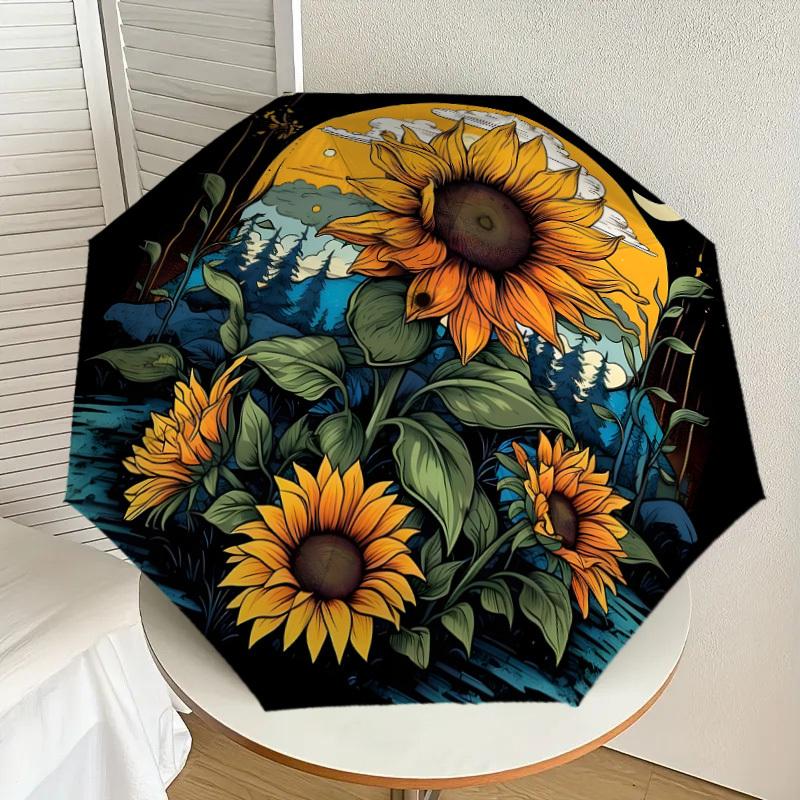 1pc Sunflower Garden Moonlit Night Umbrella with Plastic Handle,Suitable for All Seasons Home Travel Outdoor UmbrellaDD1237