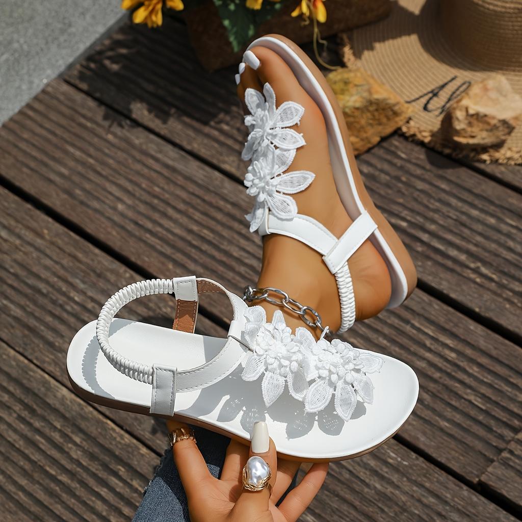 Damen rein weiße florale flache Sandalen elastischer Riemen Komfort lässig Outdoor Sommerschuhe