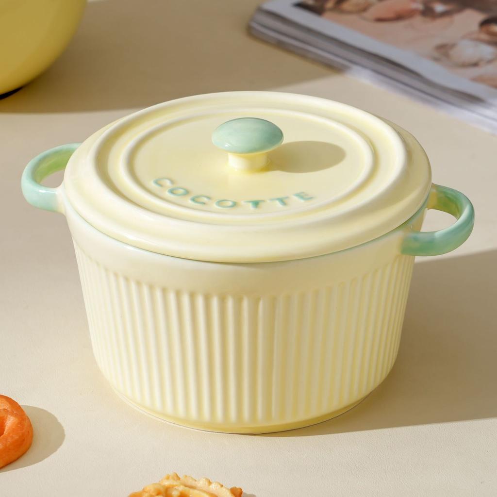 Tigela de Cerâmica para Cozinhar a Vapor com Tampa | Pote de Pudim Grande para Forno para Creme de Ovos, Sopa e Cozimento em Banho-Maria