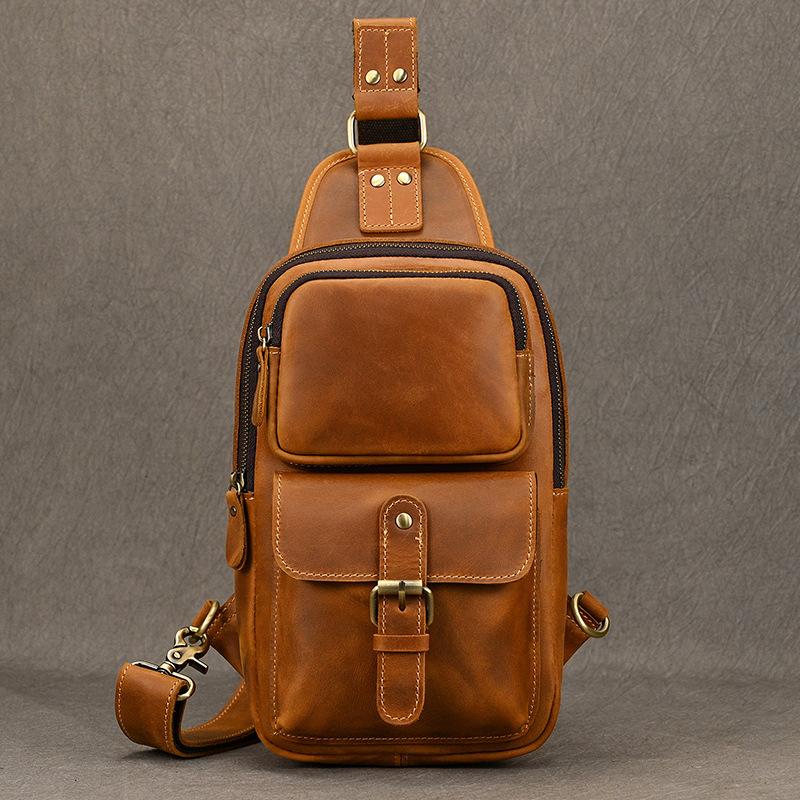 Crazy Horse Leather Breast Bag Men'S Summer And Autumn Leather Oblique Span Bag Cowhide Shoulder Bag Commuter Outdoor Leisure Backpack
