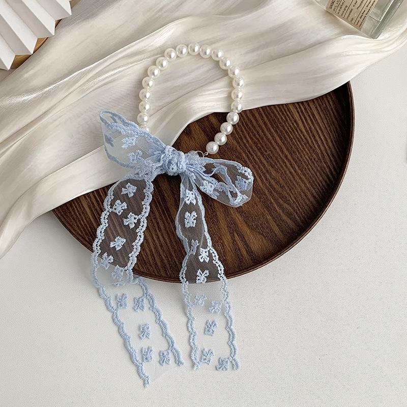 Collarbone Chain Versatile Spring and Autumn Fashion Neck Care Silk Scarf Headband Pearl Necklace Tie Hair Band Lace Streamer