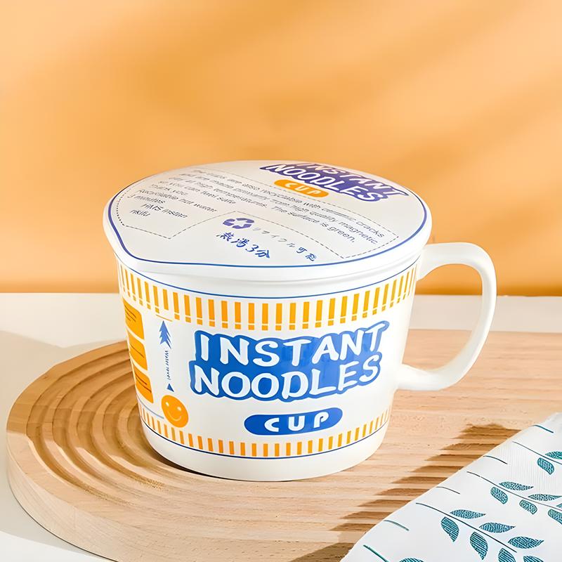 Instant Noodle Bowl with Handle Large Capacity Ramen Bowl Creativity Lid Ceramic Instant Lunch Bowl Cute Design Japanese Cup