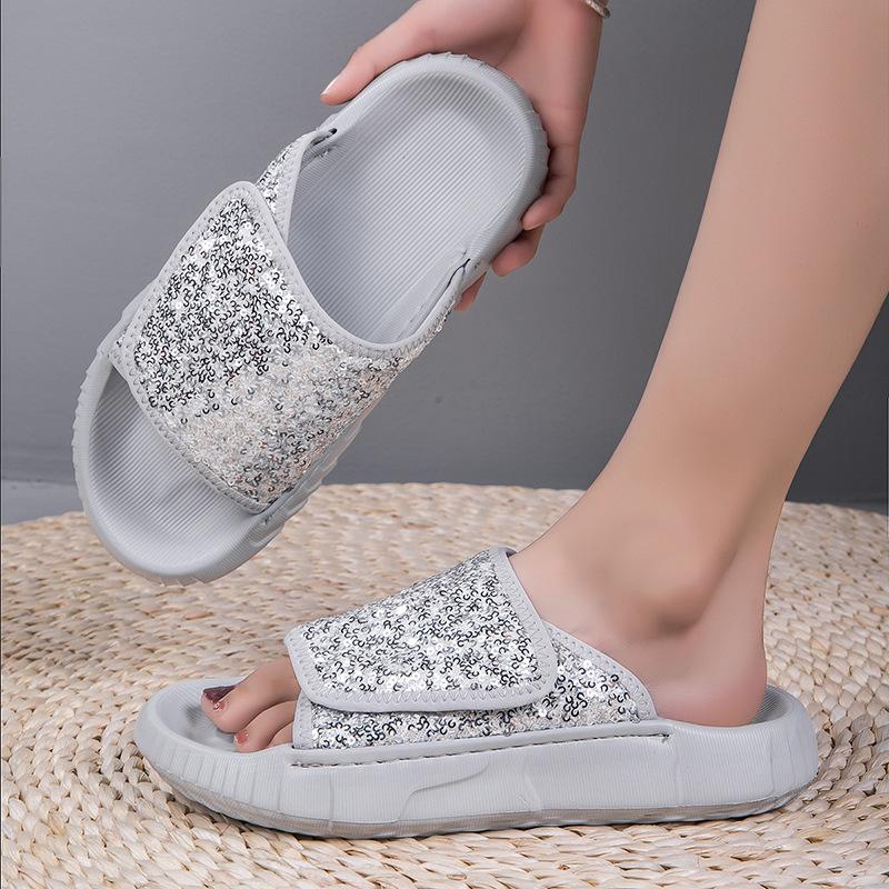 New Cool Slippers Women's Summer Outer Wear Sequins High-end Thick-soled Beach Sandals Lazy Pregnant Women One-word Drag