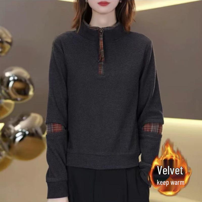

Women s Double-Sided Velvet Plaid Patchwork Half-Zip Hoodie – Warm, Versatile Long-Sleeve for Autumn/Winter L (90-105 jin) сірий колір