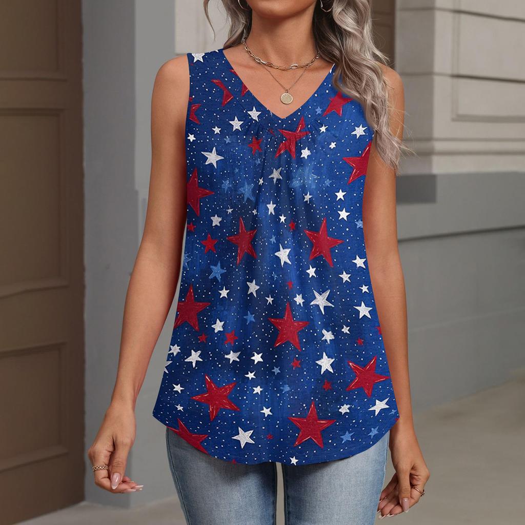 V-Neck Tank Top Women Print Tank Tee Casual Loose Fit Sleeveless Shirt