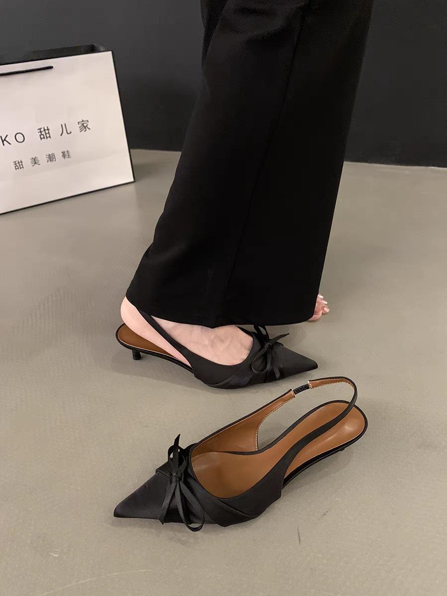 

2025 summer new bag head thin heel empty pointed head bow wear versatile simple temperament with skirt single shoes 35