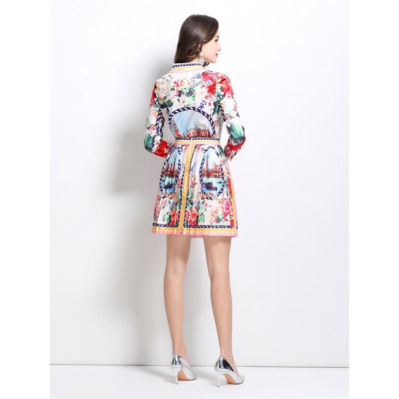 Spring Summer Designer Runway Print Letter 2 Piece Set Women's Lapel Shirt + Mini Short Pleated Skirt Office Lady Suits