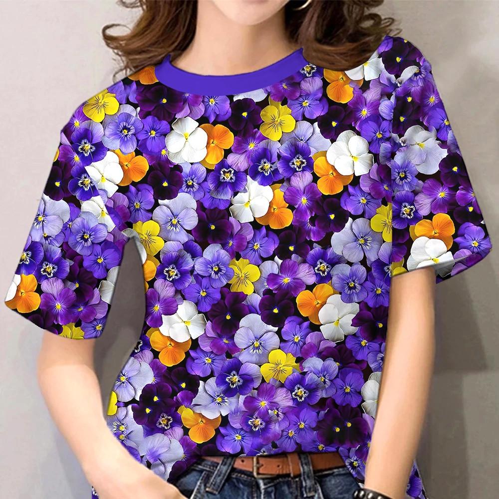 Women's summer 3D floral T-shirt with purple floral print casual short sleeved T-shirt