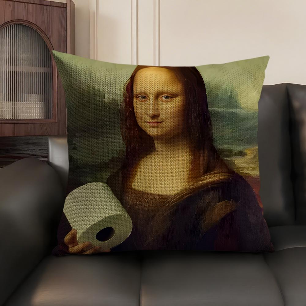 Copricuscino Mona Lisa con Perle Ragazza Lino Naturale Tessuto Biologico Stampa Double-Sided Divano Decorazione Casa Federa Regalo