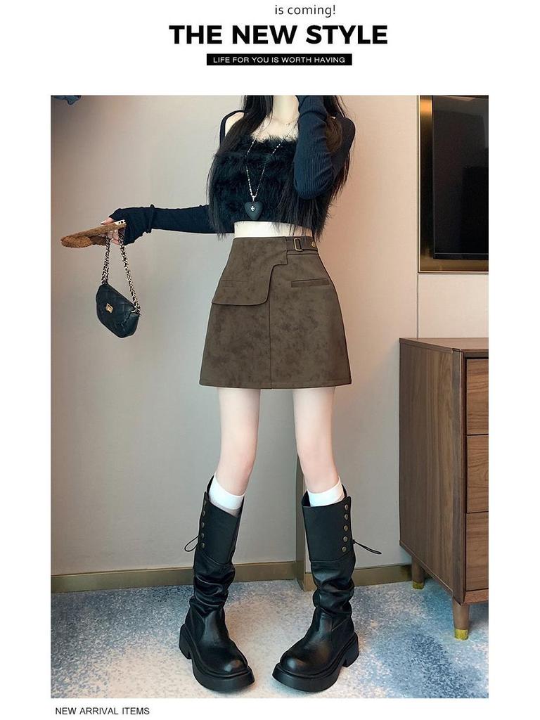 Women's High-Waisted Suede Plush Mini Skirt - Irregular A-Line Design for Autumn/Winter 2025