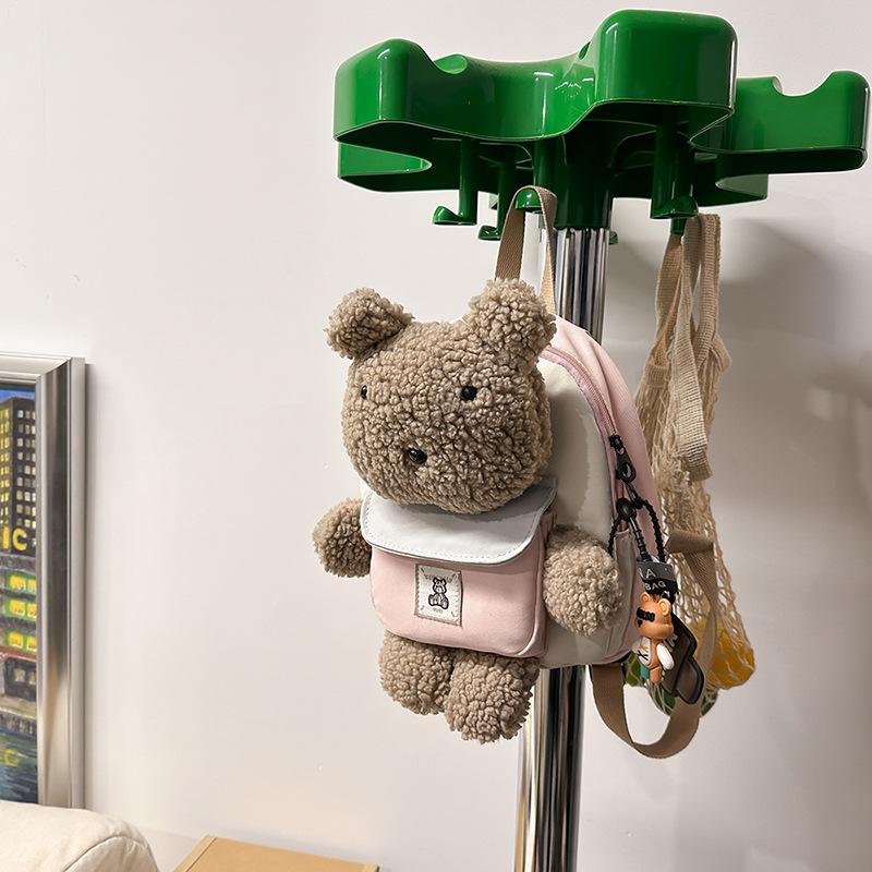 Tricolor Patch Gray Bear Children's Backpack Cute Little Baby Bag Cartoon Doll Kindergarten Backpack.