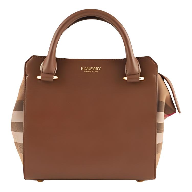 

Burberry Brown Leather Mini Tote Handbag With Vintage Check Side Panels For Daily Use Basic Set (Bag+Dust Bag)