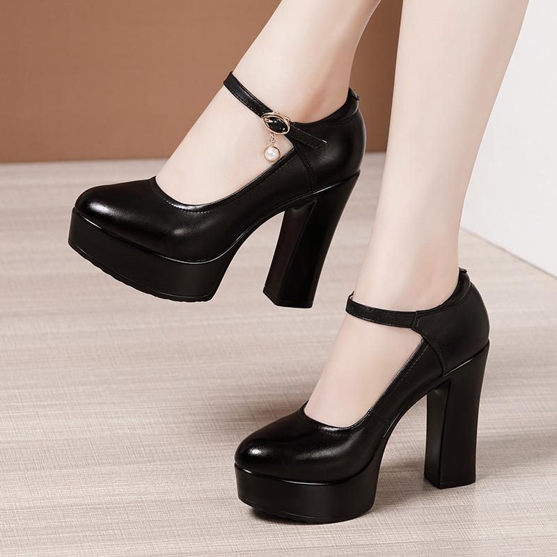 Fashion Size 32-43 Genuine Leather Thick Bottom Platform Pumps Women Wedding Shoes White 2024 Block High Heels Shoes for Office Model