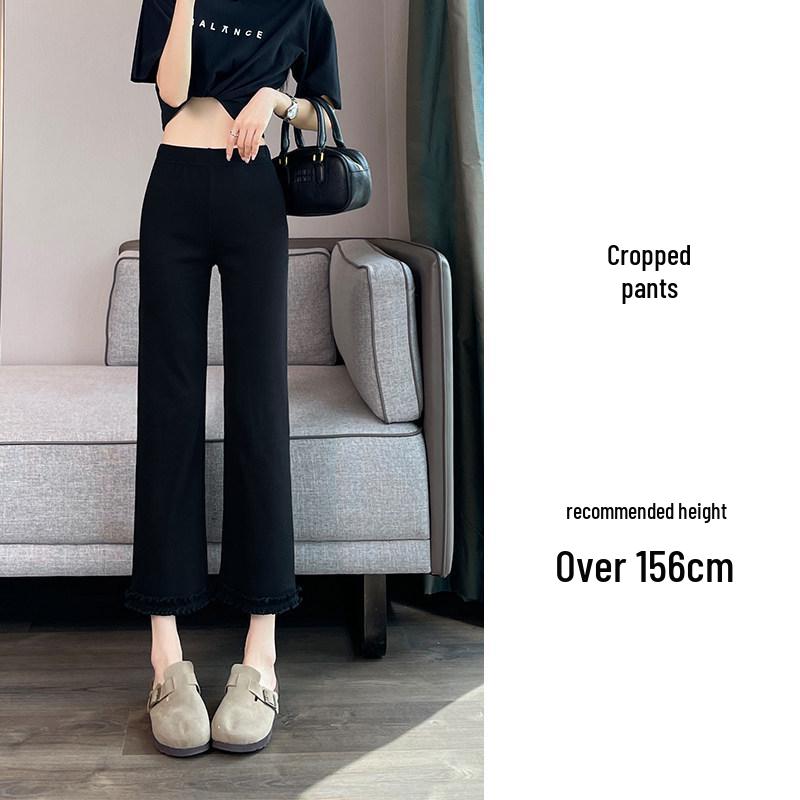 

Korean High Elastic Ruffle Lace High-Waisted Petite Cotton Cropped Straight-Leg Pants for Women L