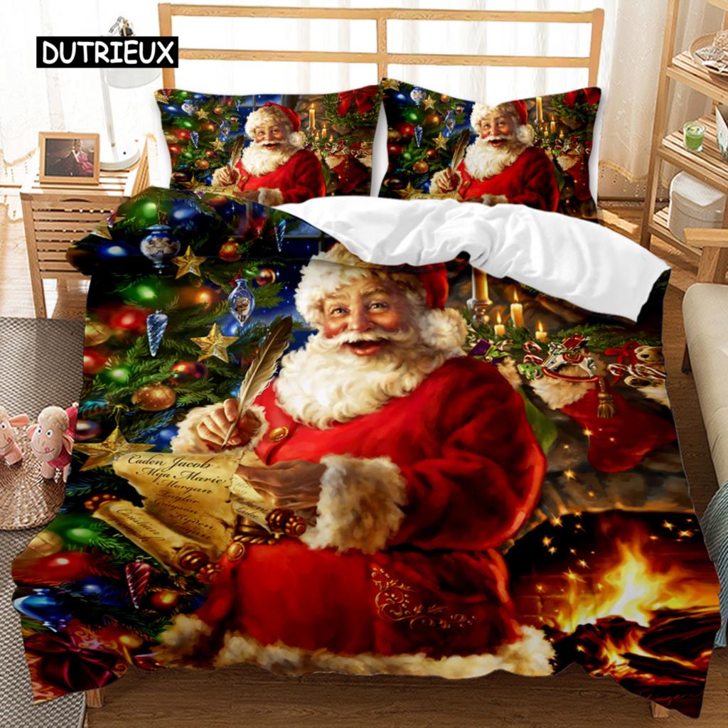 Christmas Duvet Cover Set Cartoon Merry Chirstmas Bedding Set Happy Santa Claus Polyester Quilt Set Pillowcase Double Queen King