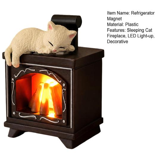 Sleeping Cat Fireplace Refrigerator Magnet, LED Light-up Fireplace Kitten Fridge Magnet, 3D Decorative Refrigerator Magnet for Home Kitchen Office