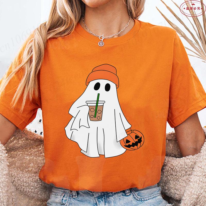 Halloween Boo with Pumpkin Print Womens TShirts Crew Neck TShirt Short Sleeve Casual Top for Spooky Season Womens Clothing
