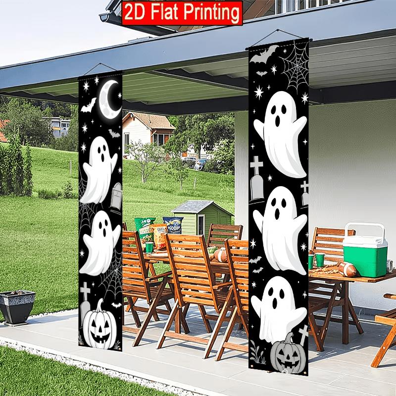 2D Flat, 2pcs 2D Flat Black and White Halloween Themed Polyester Door Couplet, Designed with Cartoon Ghosts, Pumpkin Lanterns, Tombstones, Bats, and S