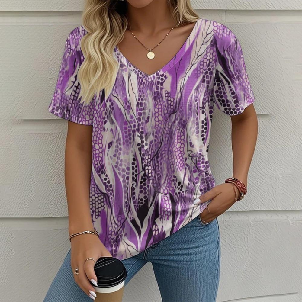Women's Tribal Abstract Graphic V Neck T-Shirt, Short Sleeve Casual Tops, Yellow Brown Fashion Daily Outfit for Spring & Summer