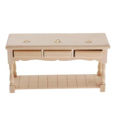 1:12 Miniature Table European Style Rectangular Table with 3 Drawers Wooden Dollhouse Furniture for Doll House Living Room Decor