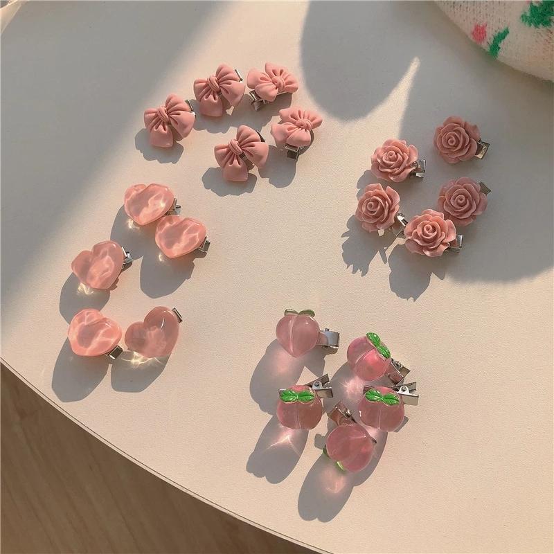 5Pcs Cute Girls Pink Rose Flower Heart Bow Peach Mini Hairpin Sweet Hair Braiding Clip Hair Styling Bobby Pin for Women