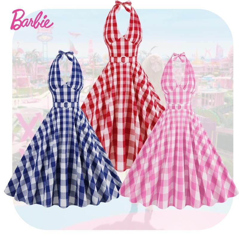 Barbie Death Powder Dream Sexy Deep V Internet Red Pink Checkered Cotton Flowing Explosion Street Sister Retro Party Dress
