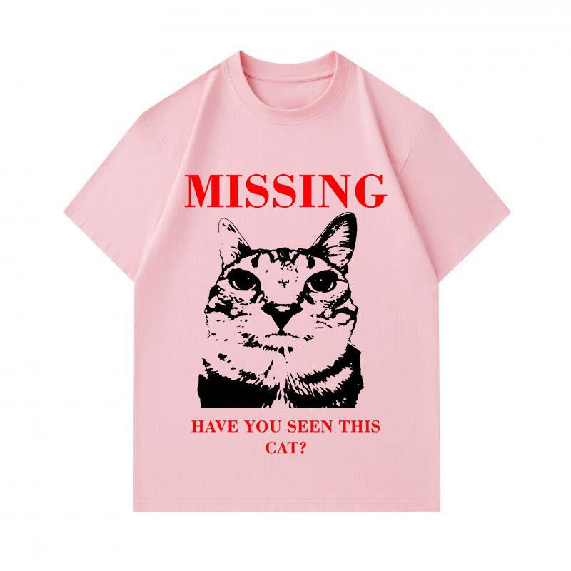 Men's 100% Cotton Crew Neck Short Sleeve T-Shirt, Funny Missing Cat Printed Casual Lightweight Tee for Daily Wear, Comfy Breathable Summer Top with Un