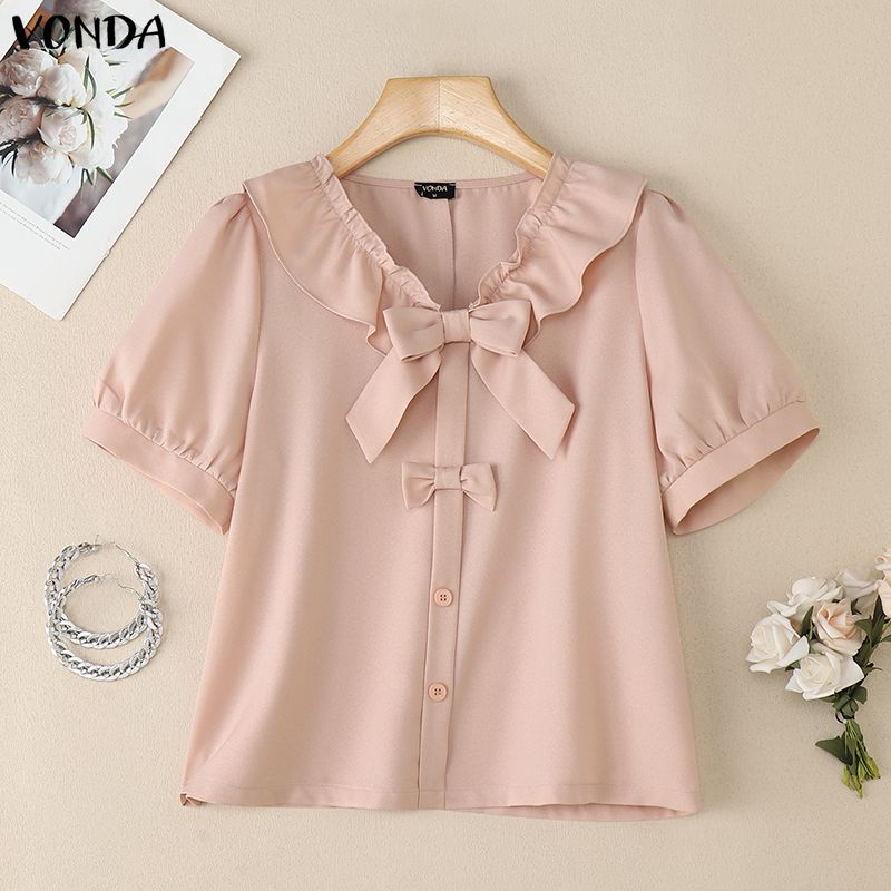 VONDA Women Lapel Neck Short Sleeve Buttons Bow Knot Casual Cropped Blouse Tops