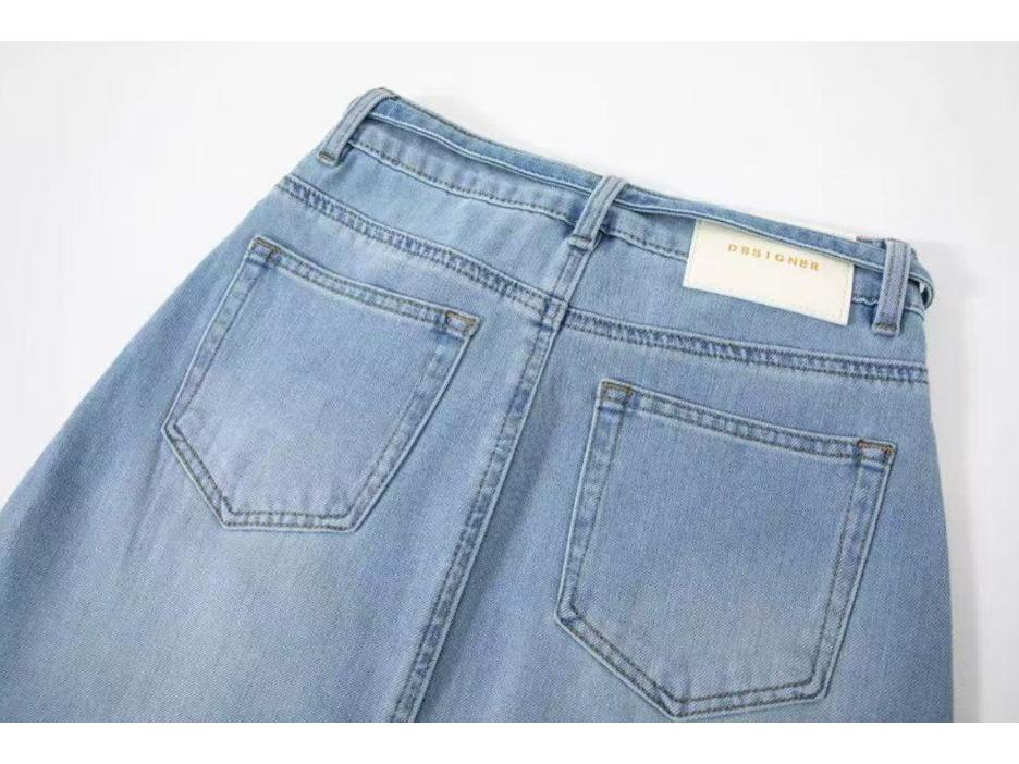 Hong Kong Style Tencel Stretch Back-Slit Denim Midi Skirt - High-Waisted, Tie-Up, Slimming & Versatile for Women (Spring 2026)